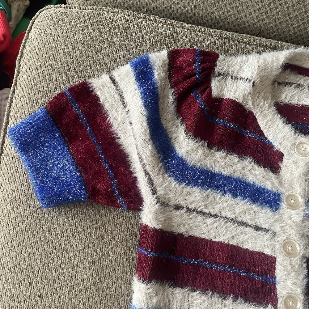 Maeve Anthropologie Short Sleeve Cardigan Sweater Womens LARGE Red Blue Sparkle - Picture 9 of 11
